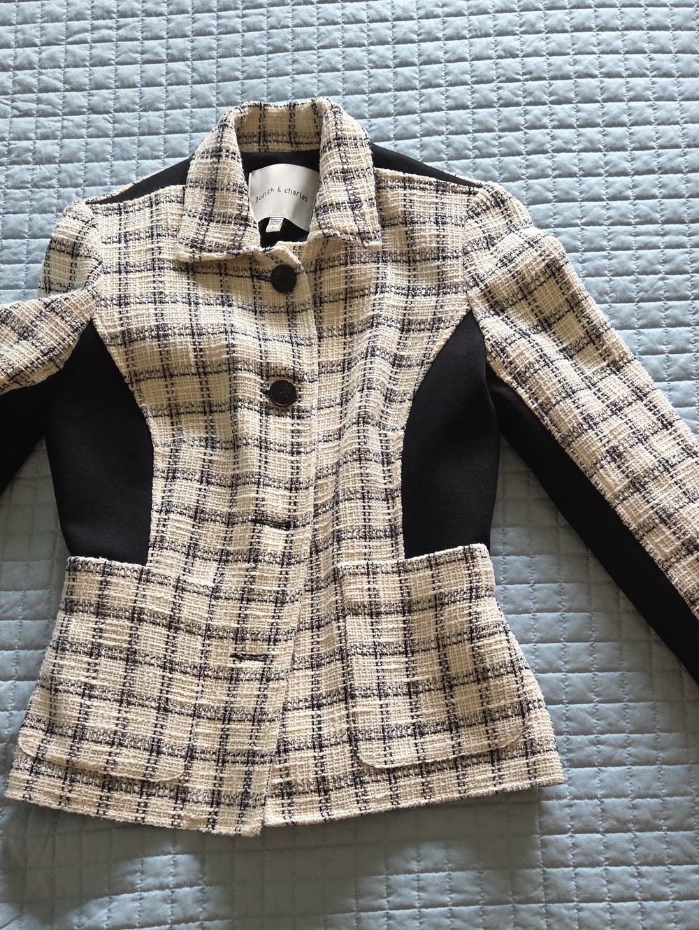 Judith and Charles Cream & Black Tweed Contrast-Panel Jacket